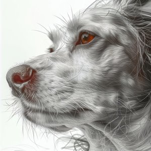 zoom out Retrato de cão preto e branco desenho minimalista, parede Decoração de casa estampas de F. Abderrahim