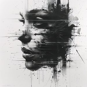 Retrato ampliado de um esboço de rosto de mulher minimalista a preto e branco de F. Abderrahim