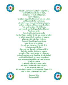O amor nobre e atento traz-nos calma, alegria e paz no nosso país, a Áustria, e em todos os países do mundo de Johanna Thier