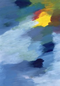 Uma fusão expressiva das três cores primárias — azul, vermelho e amarelo — dançando em harmonia