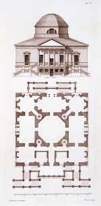 Plano e Elevação da Casa Chiswick, impressão feita por Herisset, c.1720s de 3rd Earl of Burlington