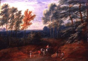 Uma paisagem arborizada com viajantes em um Haycart (óleo sobre painel) de A.F. and Bouts P. Boudewyns