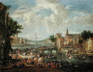 Townsfolk na beira do rio de A.F. and Bouts, P. Boudewyns