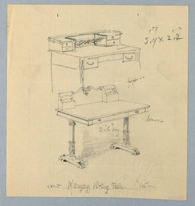 Design e esboço para "mesa de escrita de mogno"