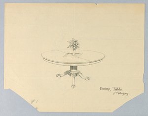 Projeto para uma mesa de jantar de mogno com um vaso de flores de A.N. Davenport Co.