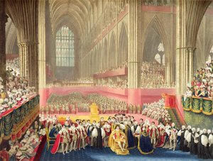 Coroação de George IV em 19 de julho de 1821 na Abadia de Westminster (gravura com água-tinta) de A.W. and Stephanoff J. (after) Pugin