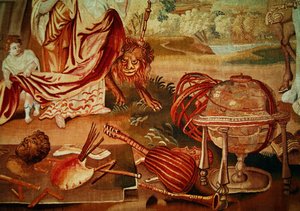Europa, de uma tapeçaria dos quatro cantos do mundo, detalhe dos instrumentos musicais no lado inferior direito, início do século XVIII