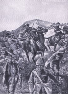 Os prisioneiros britânicos interpuseram-se como uma tela enquanto os Boers removeram uma arma naval, de depois de Pretoria: A guerra de guerrilha publicada por Harmsworth Bros Limited, 1901