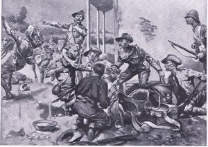 O ataque à Fazenda Hamel Fontein, de After Pretoria: The Guerilla War, publicado pela Harmsworth Bros Limited, 1901