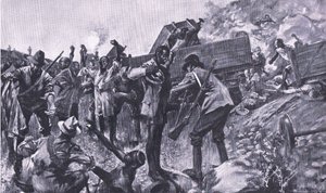 A demolição do trem perto de Taaibosch, de After Pretoria: The Guerilla War, publicado pela Harmsworth Bros Limited, 1901