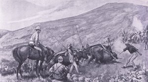 Dificuldades de transporte em Barberton: como as armas e vagões foram subiu as montanhas, ilustração de após Pretória: a guerra de guerrilha, 1902