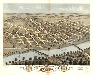 Vista aérea da cidade de Attica, Condado de Fountain, Indiana, 1869. LOC 73693378 de A.; Chicago Lithographing Co. Ruger