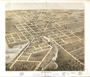 Vista aérea da cidade de Beaver Dam, Dodge Co., Wisconsin, 1867. LOC 73694535 de A.; Chicago Lithographing Co. Ruger