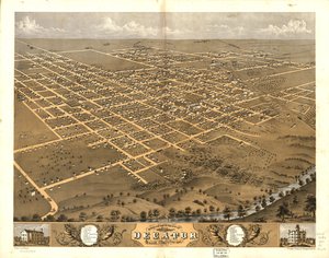 Vista aérea da cidade de Decatur, Macon Co., Illinois, 1869. LOC 73693354