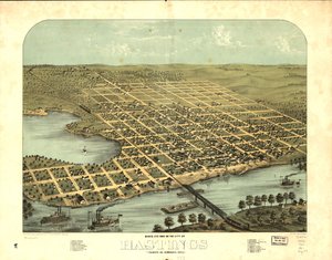 Vista aérea da cidade de Hastings, Dakota Co., Minnesota, 1867. LOC 73693453