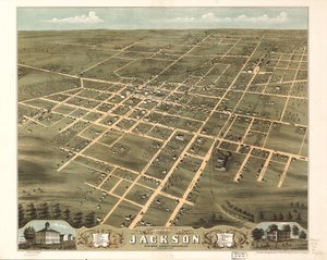 Vista aérea da cidade de Jackson, Condado de Madison, Tennessee, 1870. LOC 73694528