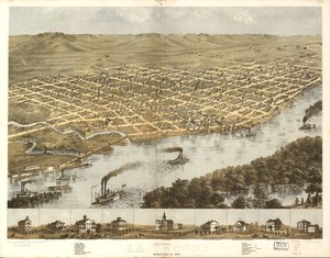 Vista aérea da cidade de La Crosse, Wisconsin, 1867. LOC 73694545 de A.; Chicago Lithographing Co. Ruger