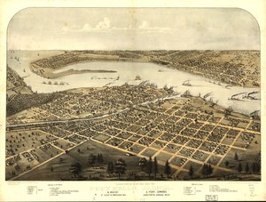 Vista aérea da cidade de Port Huron, Sarnia  Gratiot, St. Clair Co., Michigan 1867  Point Edwards, Lambton Co., Canadá a oeste. LOC 73693443