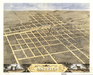 Vista aérea da cidade de Sandwich, Condado de De Kalb, Illinois, 1869. LOC 73693372 de A.; Chicago Lithographing Co. Ruger