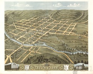 Vista aérea da cidade de Titusville, Condado de Crawford, Pensilvânia, 1871. LOC 73694524 de A.; Chicago Lithographing Co. Ruger