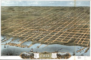 Vista aérea da cidade de Erie, Condado de Erie, Pensilvânia, 1870. de A. Chicago Lithographing Co. Ruger and Stoner Ruger
