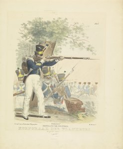 Flankeur em grande uniforme, 1820-1825 Infantaria Holandesa. Cabo der Flankeurs em grande uniforme (título no objeto) Trajes militares do Reino dos Países Baixos. Dedicado a Sua Excelência Willem van Bylandt (título da série no objeto)