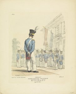 Músico em uniforme completo Músico em traje completo, 1820-1825 Nederlandsche Infanterie Musikant em grande uniforme (título no objeto) Trajes militares do Reino dos Países Baixos. Dedicado a Sua Excelência Willem van Bylandt (título da série em obj