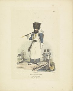 Sapador em grande traje, 1820-1825
Infantaria holandesa. Sapper in full dress (título sobre o objecto)
Fatos militares do Reino dos Países Baixos. Dedicado a Sua Excelência Willem van Bylandt (título da série sobre o objecto)