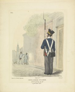 Soldado em vestido de guarnição, 1820-1825
Infantaria holandesa. Soldado em vestido de guarnição (título sobre o objecto)
Fatos militares do Reino dos Países Baixos. Dedicado a Sua Excelência William de Bylandt (título da série sobre o objecto)