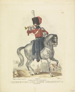 Trompetista em uniforme completo Trompetista em grande uniforme, 1820-1825 Cavalaria Holandesa. Trompetista dos Dragões Ligte. em grande roupa (título no objeto) Trajes militares do Reino dos Países Baixos. Dedicado a Sua Excelência Guilherme de B