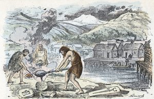 Pré-história, idade do bronze: oficina de fundição perto de um assentamento de casas de palafitas Gravura de "La nature et l
