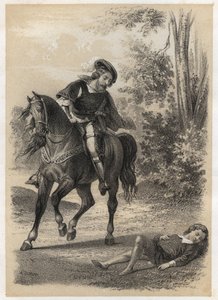 Jacques Amyot (1513-1593), resgatado, aos 10 anos de idade por um viajante. Gravura de A. Duruy em "Illustrations litteraires de la France; ou, Galerie anecdotique de nos principaux auteurs ints par leurs actions et leurs inscriptions" de J.B. Maigrot. 186