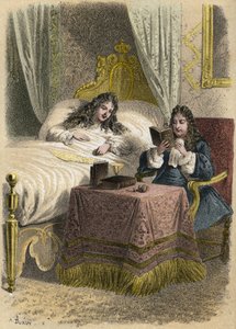 Luís XIV Rei de França gostava de ouvir Jean Racine ler e trazê-lo quando ele estava doente. Gravura de A. Duruy em "Illustrations litteraires de la France; ou, Galerie anecdotique de nos principaux auteurs ints par leurs actions et leurs inscriptions" (Il