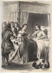 Madame Deshoulieres, Antoinette Ligier de La garde (1637-1694), sobrecarregada com perguntas da sua comitiva depois de uma noite passada com o medo do fantasma. Gravado por A. Duruy em "Illustrations litteraires de la France; ou, Galerie anecdotique de nos
