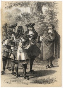 Encontro em Paris entre Jean Racine (1639-1699) e Pierre Corneille (1606-1684). Engraving by A. Duruy in "Illustrations litteraires de la France; ou, Galerie anecdotique de nos principaux auteurs ints par leurs actions et leurs inscriptions" by J.B.