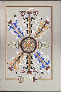 Desenhos que representam o local de enterro de "Cadunce", um índio Chippewa "Medicine Man", uma pintura em areia Navajo e pinturas em pedra Crow de A. Grossman