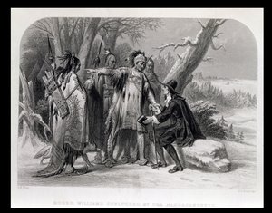 Roger Williams abrigado por Narragansetts, 1636, de "A História dos Estados Unidos", vol. Eu, de Charles Mackay, gravado por James Charles Armytage (c.1820-97) de A. H. Wray