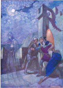 "Afastando-se deles, Hamlet seguiu o que o espírito levou", de Tales, do pub Shakespeare. por Ward Lock & Co Ltd, 1930-40 "s