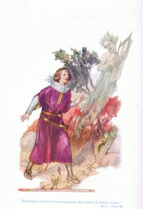 Ferdinand seguiu com espanto o som da voz de Ariel (The Tempest), de Tales from Shakespeare pub. por Ward Lock & Co Ltd de A. Jackson