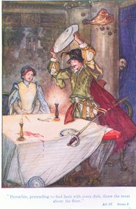 Pettruchio, fingindo encontrar falhas em cada prato, jogou a carne sobre o chão (o Domestic of the Shrew), de Tales from Shakespeare pub. por Ward Lock & Co Ltd de A. Jackson