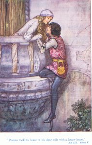 Romeu despediu-se de sua querida esposa com um coração pesado (Romeu e Julieta), do pub Tales de Shakespeare. por Ward Lock & Co Ltd