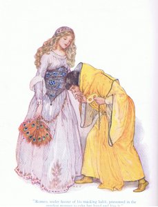 Romeu a favor do seu hábito de mascaramento, presumido da maneira mais gentil de pegar a mão dela e beijá-la (Romeu e Julieta), de Tales from Shakespeare pub. por Ward Lock & Co Ltd