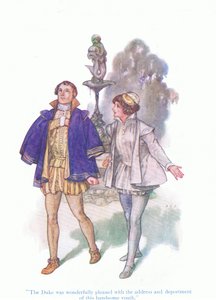 O duque ficou maravilhosamente satisfeito com o endereço e o depoimento deste belo jovem (Twelth Night), de Tales from Shakespeare pub. por Ward Lock & Co Ltd de A. Jackson