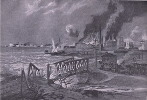 Destruição de um estaleiro naval em Bari (Itália) por destruidores de torpedos austro-húngaros, do pub The Illustrated History of the World War 1914-1915, pela Union Berlagsefellfchaft de A. Kircher
