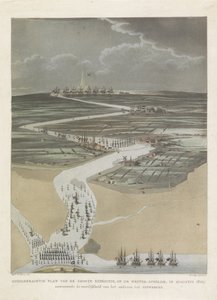 Expedição britânica a Antuérpia, 1809 Plano pitoresco da grande expedição, no Escalda Ocidental, em agosto de 1809. mostrando a dificuldade de se aproximar de Antuérpia (título no objeto)
