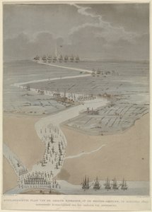 Vista aérea do Escalda Ocidental com frotas inglesas, holandesas e francesas, 1809 Plano pitoresco da grande expedição, no Escalda Ocidental em agosto de 1809 (título no objeto)