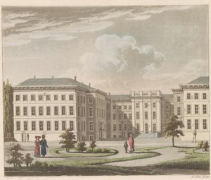Palácio Noordeinde em Haia, 1810-1825 Le Palais royal à La Haye, vu du jardin / O Palácio Real de Haia, visto do lado do jardim (título no objeto)