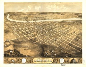 Vista aérea da cidade de Lawrence, Kansas, 1869. LOC 73693409