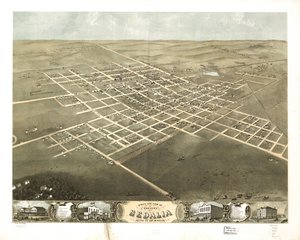 Vista aérea da cidade de Sedalia, Pettis Co., Missouri, 1869. LOC 73693491