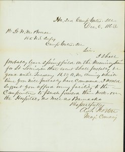 Carta assinada por A.S. Norton, Comando Major, Quartel-General, Camp Yates, Ill., ao 1º Tenente W.M. Breese, 16ª Infantaria dos EUA, Camp Gates, Ill., 6 de Dezembro de 1863 de A. S. Norton
